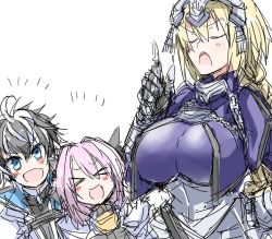 Rule 34 | &gt; &lt;, 10s, 1girl, 2boys, arm up, armor, armored dress, artist request, astolfo (fate), belt, belt buckle, black ribbon, black shirt, blonde hair, blue cloak, blue dress, blue eyes, bow, braid, breasts, bridal gauntlets, buckle, cape, capelet, chain, charlemagne (fate), cloak, closed eyes, dress, fate/extella, fate/extella link, fate/extra, fate (series), gauntlets, gloves, grey hair, hair between eyes, hair bow, hair intakes, hair ornament, hair ribbon, headpiece, high collar, jeanne d&#039;arc (fate), jeanne d&#039;arc (ruler) (fate), large breasts, long hair, multicolored hair, multiple boys, open mouth, pauldrons, pink hair, ribbon, shirt, shoulder armor, simple background, single braid, smile, source request, spiked hair, standing, streaked hair, trap, two-tone hair, white cape, white cloak, white hair, white shirt