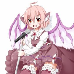 Rule 34 | 1girl, ahoge, animal ears, bad id, bad pixiv id, blush, dress, geso (nekomachi), microphone, microphone stand, mystia lorelei, no headwear, no headwear, open mouth, pink hair, purple thighhighs, red eyes, short hair, smile, solo, thighhighs, touhou, wings