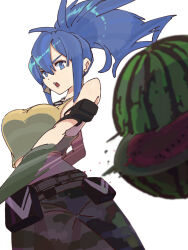 Rule 34 | blue eyes, blue hair, camouflage, camouflage pants, crop top, cutting, dog tags, earrings, fighting stance, food, fruit, highres, jewelry, leona heidern, looking at viewer, motion lines, ooiwa (irc14786149), open mouth, pants, ponytail, tank top, the king of fighters, the king of fighters xv, training, triangle earrings, watermelon, yellow tank top