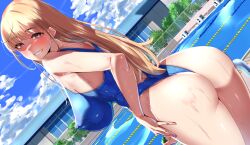 1girl andou_you ass blonde_hair blue_one-piece_swimsuit blush breasts building cloud competition_swimsuit covered_erect_nipples grin hand_on_own_thigh highres long_hair looking_back median_furrow one-piece_swimsuit original pool pool_ladder purple_eyes sky smile solo swimsuit tree wet wet_clothes wet_swimsuit