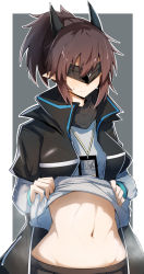 Rule 34 | 1girl, absurdres, arknights, black jacket, brown hair, clothes lift, female focus, gin moku, grey shirt, high ponytail, highres, id card, jacket, lanyard, lifting own clothes, long hair, long sleeves, midriff, navel, open clothes, open jacket, pointy ears, shirt, shirt lift, short sleeves, solo, sweatdrop, yato (arknights)