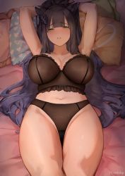 Rule 34 | 1girl, animal ears, armpits, arms up, bed, bed sheet, black hair, black panties, blue archive, blush, breasts, collarbone, frilled pillow, frills, hair ornament, highres, large breasts, lingerie, long hair, looking at viewer, lying, nashidrop, navel, on back, on bed, panties, pillow, shun (blue archive), solo, thighs, underwear, underwear only