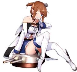 Rule 34 | 1girl, anchor, ariyoshi gen, azur lane, bare shoulders, blue eyes, brown hair, cannon, commentary, detached sleeves, full body, gloves, grin, looking at viewer, navel, one eye closed, ponytail, repulse (azur lane), short hair, sidelocks, simple background, sitting, smile, solo, thighhighs, turret, white background, white gloves, white thighhighs
