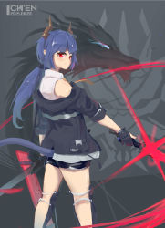 Rule 34 | 1girl, absurdres, arknights, back, bare shoulders, black gloves, black shorts, blue eyes, blue jacket, ch&#039;en (arknights), closed mouth, dragon girl, dragon horns, dragon tail, dual wielding, gabafw, gloves, glowing, glowing sword, glowing weapon, hair between eyes, highres, holding, holding sword, holding weapon, horns, jacket, long hair, looking at viewer, looking back, ponytail, red eyes, shirt, shorts, sleeveless, sleeveless shirt, sleeves rolled up, solo, sword, tail, v-shaped eyebrows, weapon