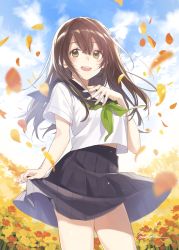 Rule 34 | 1girl, black skirt, blue sky, blurry, blush, booota, brown hair, cloud, cloudy sky, commentary request, cowboy shot, day, depth of field, field, floating hair, flower, flower field, green neckerchief, hair between eyes, hand on own chest, hand up, leaf, long hair, looking at viewer, neckerchief, open mouth, original, outdoors, pleated skirt, school uniform, serafuku, short sleeves, skirt, sky, smile, solo, tareme, teeth, thighs, yellow eyes