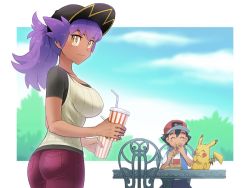 Rule 34 | 1boy, 1girl, alternate costume, ash ketchum, baseball cap, blue jacket, blush, breasts, bright pupils, chair, closed eyes, closed mouth, commentary request, creatures (company), cup, dark-skinned female, dark skin, disposable cup, dododo dadada, drinking straw, eating, food, game freak, gen 1 pokemon, genderswap, genderswap (mtf), hat, holding, holding cup, holding food, jacket, leon (pokemon), long hair, looking at viewer, looking back, nintendo, pants, pikachu, pokemon, pokemon (anime), pokemon (creature), pokemon journeys, ponytail, purple hair, red headwear, red pants, shirt, short sleeves, sleeveless, sleeveless jacket, smile, t-shirt, table, white pupils, white shirt, yellow eyes