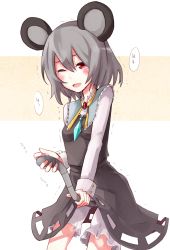 Rule 34 | 1girl, animal ears, bad id, bad pixiv id, between legs, bloomers, blush, breasts, capelet, covered erect nipples, female focus, female masturbation, grey hair, highres, jewelry, masturbation, mouse ears, mouse tail, nazrin, necklace, one eye closed, open mouth, pendant, red eyes, shiroshi (denpa eshidan), short hair, small breasts, solo, tail, tail between legs, tail masturbation, tears, touhou, trembling, underwear, wince, wink