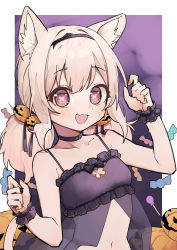 Rule 34 | 1girl, absurdres, amai hiyo, amai hiyo channel, animal ears, breasts, cat ears, cat tail, cleavage, commentary request, fang, hair between eyes, halloween, highres, jack-o&#039;-lantern, looking at viewer, medium hair, navel, open mouth, platinum blonde hair, simple background, small breasts, solo, syhan, tail, virtual youtuber