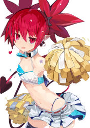 Rule 34 | 1girl, armpits, bare shoulders, blue archive, breasts, cheerleader, cleavage, commentary request, cosplay, demon tail, disgaea, earrings, etna (disgaea), flat chest, gluteal fold, hibiki (blue archive), highleg, highleg panties, highres, jewelry, jitome, leaning forward, looking at viewer, makai senki disgaea, miniskirt, miyakawa106, navel, panties, pleated skirt, pointy ears, pom pom (cheerleading), red eyes, red hair, short hair, short twintails, sidelocks, simple background, sketch, skirt, skull earrings, slit pupils, solo, standing, stomach, tail, thigh gap, thighhighs, twintails, underwear, white background, white skirt