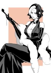Rule 34 | 1girl, bare shoulders, breasts, cleavage, collar, crossed legs, dress, earrings, elbow gloves, emet-selch, feet out of frame, final fantasy, final fantasy xiv, fuka (kirrier), fur shawl, garlean, genderswap, genderswap (mtf), gloves, greyscale, greyscale with colored background, hand up, holding, holding smoking pipe, jewelry, kiseru, looking at viewer, mature female, monochrome, multicolored hair, shawl, short hair, sitting, sleeveless, sleeveless dress, smirk, smoking pipe, solo, spot color, streaked hair, third eye, two-tone background, two-tone hair, v-shaped eyebrows, wavy hair