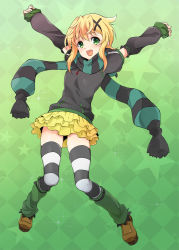 Rule 34 | 10s, 1girl, :d, akatsuki kirika, arm warmers, black shirt, blonde hair, brown footwear, buckle, checkered background, commentary request, full body, green background, green eyes, hair ornament, jewelry, jumping, layered skirt, legs apart, necklace, open mouth, pendant, plum (arch), scarf, senki zesshou symphogear, shirt, shoes, short hair, short sleeves, skirt, smile, solo, star (symbol), striped clothes, striped scarf, striped thighhighs, tareme, thighhighs, x hair ornament, yellow skirt, zettai ryouiki