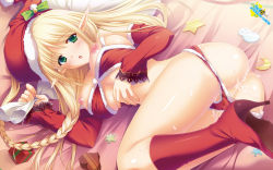 Rule 34 | 1girl, :o, artist request, ass, bed, blonde hair, blush, boots, bra, bra pull, braid, breasts, character request, christmas, cleavage, clothes pull, copyright request, detached sleeves, from behind, green eyes, hat, high heel boots, high heels, highres, long hair, looking at viewer, looking back, lying, nipples, panties, panty pull, pointy ears, push!!, pussy juice, red bra, red panties, santa hat, shoes, underwear