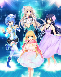 Rule 34 | 4girls, aqua eyes, bare shoulders, bethly rose daisley, blonde hair, blue footwear, blue hair, boots, braid, breasts, cleavage, clothing cutout, detached sleeves, dress, enpera, full body, gin&#039;iro haruka, gloves, hair ornament, hairclip, hat, hatsukoi 1/1, high heel boots, high heels, holding, holding microphone, hoshi ori yume mirai, jewelry, knee boots, large breasts, leg up, long hair, looking at viewer, makabe midori, medium breasts, microphone, mini hat, multiple girls, narusawa rikka, necktie, official art, open mouth, ousaka sora, outstretched arm, pink dress, pink scarf, pleated skirt, purple dress, purple eyes, scarf, short dress, short sleeves, shorts, shoulder cutout, simple background, skirt, sleeveless, smile, sparkle, thighhighs, white footwear, white gloves, white legwear, yellow eyes