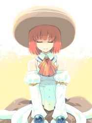 Rule 34 | 00s, 1girl, bare shoulders, detached sleeves, dress, closed eyes, frills, hat, hpa (foolish factory), red hair, seles wilder, short hair, sitting, smile, solo, tales of (series), tales of symphonia
