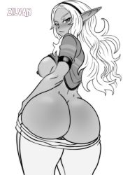 Rule 34 | 1girl, artist name, ass, breasts, breasts out, butt crack, cleft of venus, clothes lift, clothes pull, cowboy shot, dark-skinned female, dark skin, dimples of venus, elf, elf-san wa yaserarenai., from behind, functionally nude, highres, huge ass, kuroeda-san, large breasts, long hair, long pointy ears, looking at viewer, looking back, monochrome, nipples, pants, pants pull, pointy ears, pussy, shirt lift, short sleeves, smile, solo, standing, thick thighs, thighs, white background, y shaped butt crack, zilvan