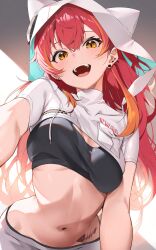 1girl absurdres crop_top earrings highres hood jewelry long_hair looking_at_viewer midriff multicolored_hair nekota_tsuna open_mouth orange_eyes orange_hair red_hair ruo19 shrug_(clothing) solo sports_bra streaked_hair tattoo teeth upper_teeth_only virtual_youtuber vspo!