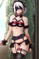 Rule 34 | 1girl, 2b (nier:automata), android, arm garter, arms at sides, black panties, black ribbon, black thighhighs, blindfold, bow, bra, breasts, collar, covered eyes, cowboy shot, day, detached collar, door, finalcake, frilled collar, frills, garter belt, hair between eyes, hair ornament, hairband, headdress, highres, lace, lace bra, lace legwear, legs together, lingerie, lock, lolita hairband, neck ribbon, nier, nier:automata, nier (series), outdoors, padlock, panties, plant, ribbon, short hair, skindentation, solo, standing, stomach, thighhighs, underwear, underwear only, white hair, wrist cuffs