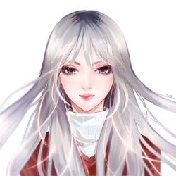 Rule 34 | 1girl, brown eyes, commentary request, copyright request, floating hair, highres, kaoruru (sakuno2911), lipstick, long hair, looking at viewer, makeup, parted lips, red lips, ribbed sweater, signature, silver hair, simple background, smile, solo, sweater, upper body, white background, white sweater