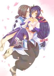 Rule 34 | 1boy, 1girl, absurdly long hair, absurdres, animal ears, aquaplus, black hair, blush, boots, breasts, brown eyes, brown hair, carrying, carrying person, cherry blossoms, closed mouth, dress, eyes visible through hair, from side, full body, gradient eyes, hair ornament, hair over one eye, haku (utawarerumono), hemimoon, highres, holding, kuon (utawarerumono), layered sleeves, lifting person, long hair, long sleeves, looking at viewer, mask, medium breasts, multicolored eyes, nose, petals, ponytail, raised eyebrows, scarf, side slit, sidelocks, smile, swept bangs, utawarerumono, utawarerumono: futari no hakuoro, utawarerumono: itsuwari no kamen, very long hair, wide sleeves, yellow eyes