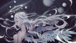 Rule 34 | 1girl, angel wings, arms at sides, backlighting, bad id, bad pixiv id, blurry, breasts, chinese commentary, close-up, closed eyes, closed mouth, commentary request, curly hair, depth of field, expressionless, eyelashes, feathered wings, grey theme, highres, long hair, mato-c, medium breasts, night, night sky, nipples, nude, original, planet, puffy nipples, ribs, saturn (planet), shiny skin, skinny, sky, solar system, solo, star (sky), starry sky, upper body, white hair, white theme, white wings, wings