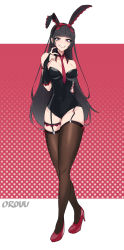 Rule 34 | 1girl, animal ears, arm ribbon, arm strap, artist name, bare shoulders, black collar, black hair, black leotard, blunt bangs, border, bow, bow hairband, breasts, bridal garter, bridal gauntlets, brown thighhighs, collar, collarbone, commentary, constricted pupils, covered navel, detached collar, elbow gloves, english commentary, fake animal ears, frilled gloves, frills, full body, garter straps, gate - jieitai ka no chi nite kaku tatakaeri, gloves, grin, groin, hairband, halftone, halftone background, hand up, high heels, highres, large breasts, legs, leotard, lips, long hair, nail polish, necktie, orouu, outside border, playboy bunny, pumps, purple eyes, rabbit ears, red background, red bow, red footwear, red nails, red necktie, red ribbon, ribbon, rory mercury, signature, skin tight, smile, solo, standing, straight hair, strapless, strapless leotard, teeth, thighhighs, thighs, very long hair, white border, wing collar