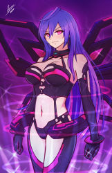 Rule 34 | 1girl, absurdres, airisubaka, blue hair, blush, bodysuit, breasts, cleavage, cowboy shot, dominatrix, elbow gloves, gloves, highres, iris heart, jewelry, kami jigen game neptune v, large breasts, leotard, long hair, looking at viewer, midriff, navel, neptune (series), power symbol, power symbol-shaped pupils, red eyes, smile, solo, stomach, symbol-shaped pupils, very long hair, wings