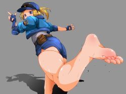 Rule 34 | 1girl, ass, barefoot, blonde hair, blue eyes, eyewear on head, feet, final fight, fingerless gloves, gloves, hat, long hair, looking at viewer, looking back, lucia morgan, police, police uniform, policewoman, ponytail, shorts, soles, street fighter, street fighter v, sunglasses, sweat, toes, uniform