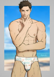 Rule 34 | 1boy, abs, artist name, biceps, black hair, blurry, blurry background, bulge, cloud, cloudy sky, cowboy shot, framed, grey eyes, hand on own face, highres, hydaria, looking at viewer, male focus, male swimwear, manly, muscular, muscular male, nipples, no pants, ocean, original, palm tree print, pectorals, print male swimwear, print swim briefs, sand, sky, smile, solo, swim briefs, swimsuit, topless male, wave print, white male swimwear, white swim briefs