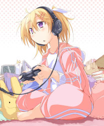 Rule 34 | 1girl, audio-technica, barefoot, bibi02, blonde hair, cameo, chestnut mouth, clock, controller, creatures (company), dualshock, game console, game controller, game freak, gamepad, gen 1 pokemon, hair ornament, hair ribbon, hairclip, halftone, halftone background, headphones, highres, indian style, monitor, nintendo, original, pikachu, pillow, playstation 3, playstation controller, pokemon, pokemon (creature), purple eyes, ribbon, sitting, solo, track suit