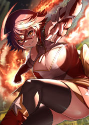 Rule 34 | 1girl, boots, breasts, cleavage, clenched hand, domino mask, elbow gloves, explosion, fingerless gloves, fire, flaming hand, fujioka yatsufusa, gloves, highres, kamen america (comic), kamen comet, landing, leotard, looking at viewer, mask, open hand, orange eyes, powering up, red footwear, red gloves, red hair, short hair, smile, superhero costume, thighhighs, two-tone leotard