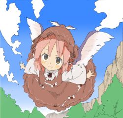 Rule 34 | 1girl, brown eyes, cloud, day, dress, female focus, flying, hat, miyachi (qqm32xk9), mystia lorelei, outstretched arms, pink hair, qqm32xk9, sky, smile, solo, touhou, tree, wings