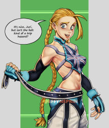 Rule 34 | 1girl, abs, baggy pants, belt, blonde hair, blue eyes, blue gloves, boxing gloves, bracelet, braid, breasts, cammy white, chinese clothes, commentary, cosplay, dudou, effy neprin, english commentary, english text, fingerless gloves, freckles, gloves, green background, han juri, han juri (cosplay), highres, jewelry, medium breasts, navel, open mouth, pants, simple background, smile, speech bubble, spiked bracelet, spikes, street fighter, street fighter 6, studded belt, twin braids, two-tone background, watermark
