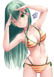 Rule 34 | 1girl, alternate costume, armpits, ayakase hotaru, bikini, blush, breasts, cleavage, collarbone, gluteal fold, green eyes, green hair, groin, hair ornament, hairclip, hands up, highleg, highleg bikini, highres, hip focus, kantai collection, large breasts, leaning to the side, long hair, looking at viewer, navel, one eye closed, side-tie bikini bottom, signature, simple background, skindentation, smile, solo, stomach, string bikini, striped bikini, striped clothes, suzuya (kancolle), swimsuit, thighs, white background