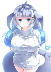 Rule 34 | 10s, 1girl, absurdres, anchor hair ornament, blowhole, blue eyes, blue hair, blue whale (kemono friends), blush, breasts, cetacean tail, commentary request, cowboy shot, crossed arms, dress, eyewear on head, fins, fish tail, glasses, gradient hair, grey hair, hair ornament, highres, japari symbol, kanzakietc, kemono friends, large breasts, long hair, looking at viewer, multicolored hair, smile, solo, standing, sweater, sweater dress, tail