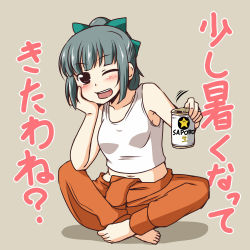 Rule 34 | 10s, 1girl, bare shoulders, barefoot, brown eyes, green hair, hair ribbon, head rest, indian style, jewelry, kantai collection, long hair, looking at viewer, nishi koutarou, one eye closed, open mouth, ponytail, ribbon, ring, sapporo beer, sitting, smile, solo, super star (mario), tank top, translation request, wedding band, yuubari (kancolle)