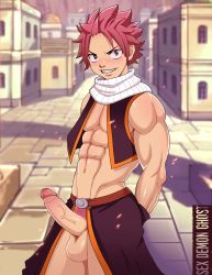 Rule 34 | 1boy, abs, absurdres, erection, fairy tail, highres, male focus, muscular, natsu dragneel, outdoors, penis, pink hair, presenting, pubic hair, sex demon ghost, smile, solo, testicles