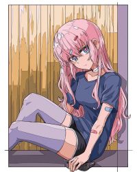 Rule 34 | 1girl, :/, bandaid, bianca abercrombie, blue eyes, breasts, clinic of horrors, cogecha (style), controller, fence, highres, long hair, looking at viewer, medium breasts, merryweather, merryweather media, pink hair, pokurimio, shirt, socks