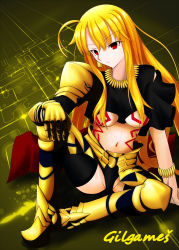 Rule 34 | 1girl, ahoge, asymmetrical clothes, blonde hair, breasts, character name, commentary request, fate/stay night, fate (series), gilgamesh (fate), gloom (expression), gold, gold trim, hand on own knee, highres, long hair, looking down, navel, red eyes, sitting, solo, spread legs, tattoo, two piece, type-moon, underboob