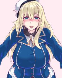 Rule 34 | 10s, 1girl, alternate headwear, aqua eyes, atago (kancolle), blonde hair, blush, breasts, buttons, curvy, covered erect nipples, hair between eyes, hat, huge breasts, kantai collection, large breasts, long hair, long sleeves, looking at viewer, military, military uniform, mizuumi (bb), open mouth, peaked cap, pink background, plump, simple background, solo, teeth, twitter username, uniform, wide hips