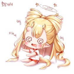Rule 34 | 1girl, @ @, bad id, bad pixiv id, blonde hair, blush, buruma, chibi, drooling, gym uniform, head bump, highres, honyang, horns, korean text, open mouth, original, pointy ears, red buruma, simple background, sitting, solo, star (symbol), translation request, twintails, white background, yellow horns