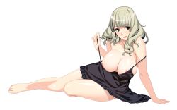 Rule 34 | 1girl, arm support, barefoot, breasts, feet, full body, grey eyes, highres, ino (magloid), kareshi inai reki = nenrei, kasane rinzu, large breasts, lipstick, long hair, looking at viewer, makeup, nightgown, nipple slip, nipples, shiny skin, silver hair, simple background, sitting, smile, solo, strap pull, strap slip, toes, white background