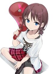 Rule 34 | 1girl, black footwear, black shorts, blush, brown hair, closed mouth, commentary, frown, girls band cry, hair ornament, hairclip, highres, holding, holding megaphone, iseri nina, kikugawa roku, megaphone, plaid, plaid skirt, pleated skirt, red skirt, shirt, short sleeves, short twintails, shorts, simple background, sitting, skirt, solo, twintails, white background, white shirt