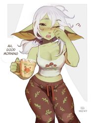 Rule 34 | 1girl, absurdres, artist name, blush, breasts, brown pants, cleavage, colored skin, commentary, crop top, cup, english commentary, english text, female goblin, food print, goblin, green skin, highres, holding, holding cup, large breasts, large ears, leaf print, long hair, looking at viewer, maewix (artist), mushroom print, one eye closed, open mouth, original, pajamas, pants, pointy ears, print pants, print shirt, red eyes, rubbing eyes, shirt, sleepy, sleeveless, sleeveless shirt, solo, white hair, white shirt