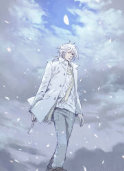 Rule 34 | 1boy, buttons, closed mouth, cloud, day, denim, falling petals, grey pants, hitaki (tempo), holding, jacket, jeans, long sleeves, makishima shougo, male focus, outdoors, pants, petals, psycho-pass, scarf, shirt, short hair, sky, solo, standing, white hair, white jacket, white shirt