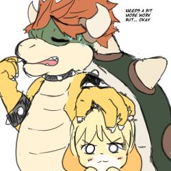 Rule 34 | 1boy, 1girl, :3, absurdres, animal crossing, animal ears, blonde hair, blush, blush stickers, bowser, bracelet, claws, closed eyes, closed mouth, collar, dog ears, english text, furry, hand on another&#039;s head, hand up, highres, isabelle (animal crossing), jewelry, jpeg artifacts, looking at viewer, mario (series), nintendo, open mouth, red hair, short hair, simple background, size difference, sketch, spiked bracelet, spiked collar, spikes, standing, super mario bros. 1, super smash bros., sweat, talking, tanuk kun, white background