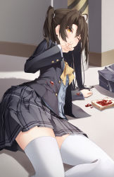 Rule 34 | 1girl, accident, bag, black jacket, black skirt, blue skirt, blush, bow, bowtie, bread, bread slice, brown hair, covering own mouth, dress shirt, eyes visible through hair, food, food on clothes, highres, jacket, jam, long hair, long sleeves, lying, mame (hyeon5117), on side, open clothes, open jacket, original, pleated skirt, shirt, skirt, solo, thighhighs, toast, two side up, white thighhighs, yellow bow, yellow bowtie, yellow eyes