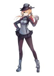 Rule 34 | 10s, 1girl, alternate legwear, anchor hair ornament, black pantyhose, blonde hair, blush, breasts, full body, gloves, hair ornament, hand on own hip, hat, highres, kantai collection, long hair, md5 mismatch, military, military uniform, one eye closed, pantyhose, peaked cap, prinz eugen (kancolle), resized, simple background, smile, solo, standing, sumisu (mondo), twintails, uniform, white background, white gloves