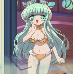 Rule 34 | 00s, bikini, breasts, falce, green eyes, green hair, horns, large breasts, long hair, magician&#039;s academy, orange bikini, screencap, solo, stitched, swimsuit, third-party edit