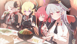 Rule 34 | &gt; &lt;, 4girls, akari (blue archive), black necktie, black shirt, blonde hair, blue archive, blush, braid, breasts, chopsticks, closed mouth, collared shirt, commentary, demon girl, demon horns, food, halo, haruna (blue archive), hat, highres, holding, holding chopsticks, holding food, horns, izumi (blue archive), junko (blue archive), kaerunrun, large breasts, light brown hair, long hair, multiple girls, neck ribbon, necktie, open mouth, peaked cap, pink eyes, purple eyes, red hair, red necktie, red ribbon, ribbon, shirt, small breasts, smile, white hair, white shirt