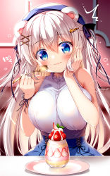 Rule 34 | 1girl, animal ears, bare shoulders, bear ears, beret, blue eyes, blue hat, blue skirt, blush, breasts, closed mouth, commentary request, food, fruit, hair between eyes, hair ornament, hairclip, hand on own face, hands up, hat, highres, holding, holding spoon, large breasts, long hair, original, parfait, plate, sasai saji, shirt, signature, skirt, sleeveless, sleeveless shirt, solo, spoon, star (symbol), star hair ornament, strawberry, very long hair, wavy mouth, white hair, white shirt, x hair ornament